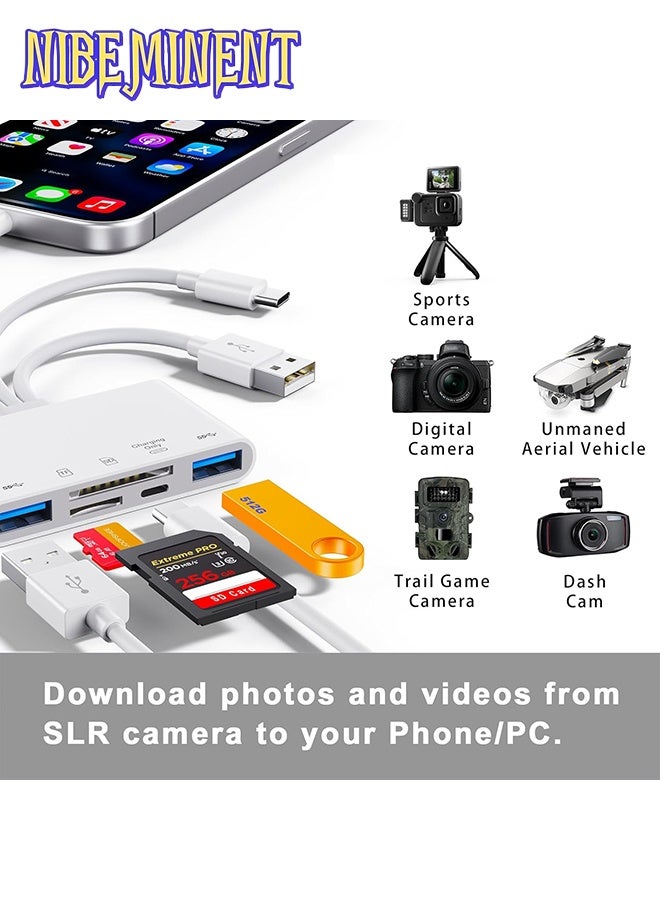 NIBEMINENT 5-in-1 Memory Card Reader, USB OTG Adapter & SD Card Reader for i-Phone/i-Pad, USB C and USB A Devices with Micro SD & SD Card Slots, Supports SD/Micro SD/SDHC/SDXC/MMC White - Image 2